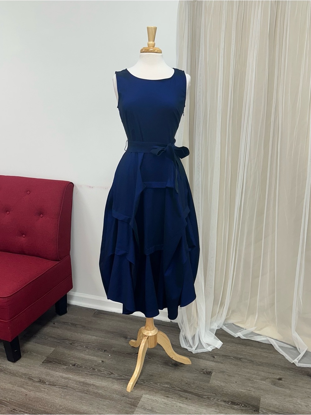 Stretch Taffeta Navy Sleeveless Tiered Midi Cocktail Wedding Guest Dress
